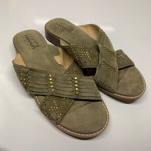 Lucca Lane Sonya Women's Sandals Green Aloe Size 6.5 M Studded Slides Leather
